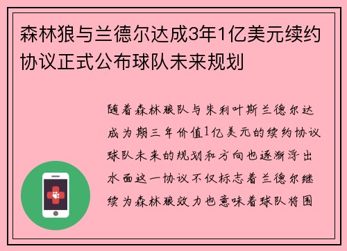 森林狼与兰德尔达成3年1亿美元续约协议正式公布球队未来规划
