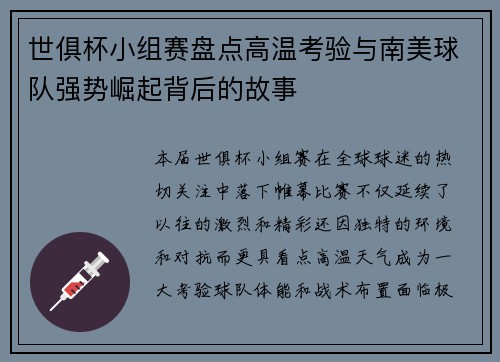 世俱杯小组赛盘点高温考验与南美球队强势崛起背后的故事